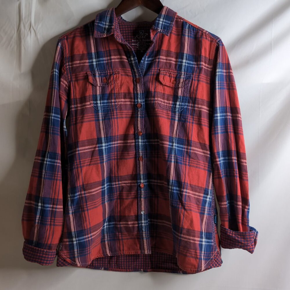 KUHL Women's Red/White/Navy Plaid Button Up Shirt w/ Spellout Logo, Medium